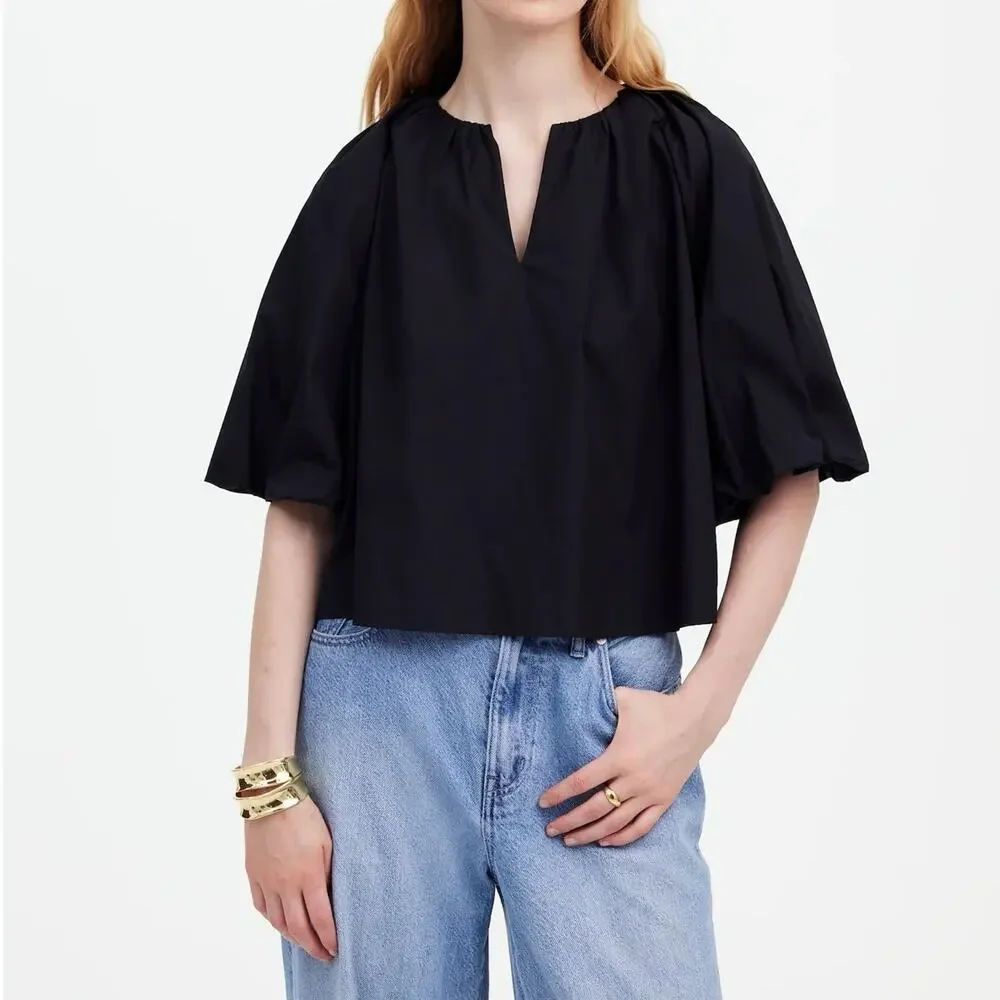 NWT Madewell Bubble-Sleeve Top In 100% Cotton Poplin True Black Size 4